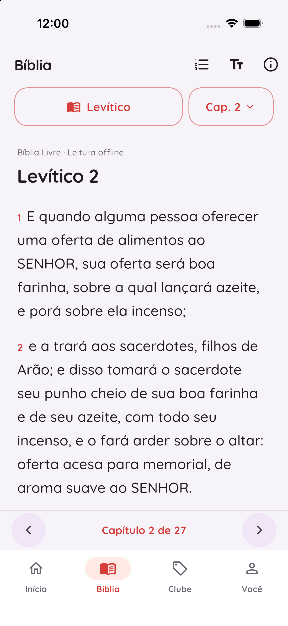 Tela da Bíblia no aplicativo Alegra Conecta, com leitura e navegação por capítulos.