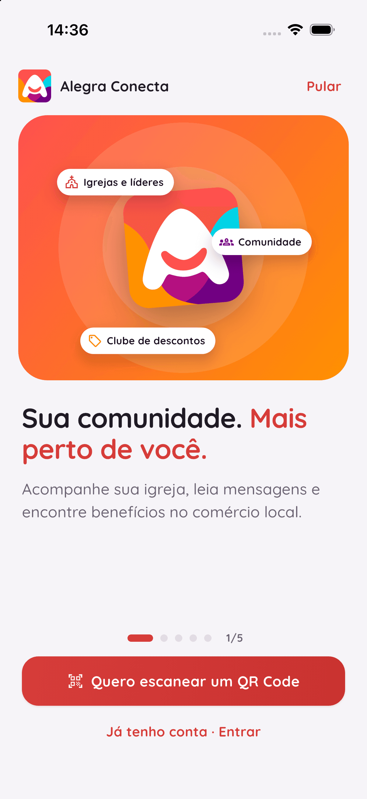 Tela do aplicativo Alegra Conecta para entrar na comunidade por QR Code ou código.