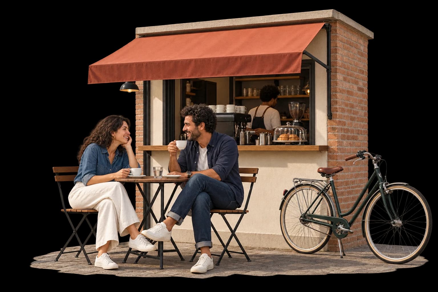 Café em colagem fotográfica com amigos conversando, um barista e uma bicicleta, representando os encontros do Clube.