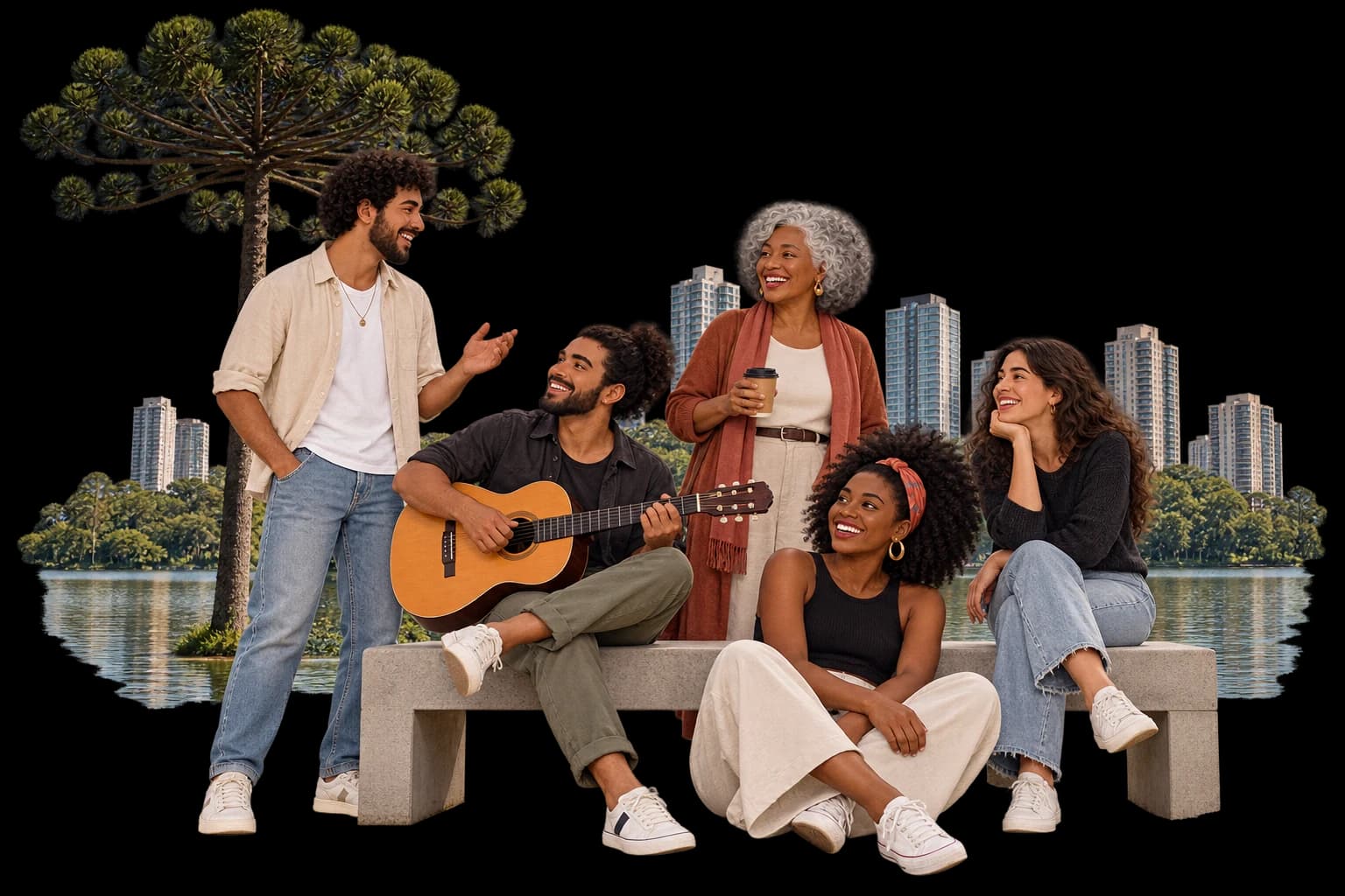 Pessoas de uma comunidade reunidas com violão, uma araucária, lago e edifícios ao fundo.