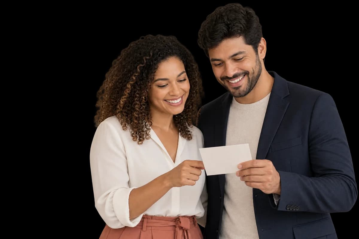 Duas pessoas conferem juntas um cartão de convite.