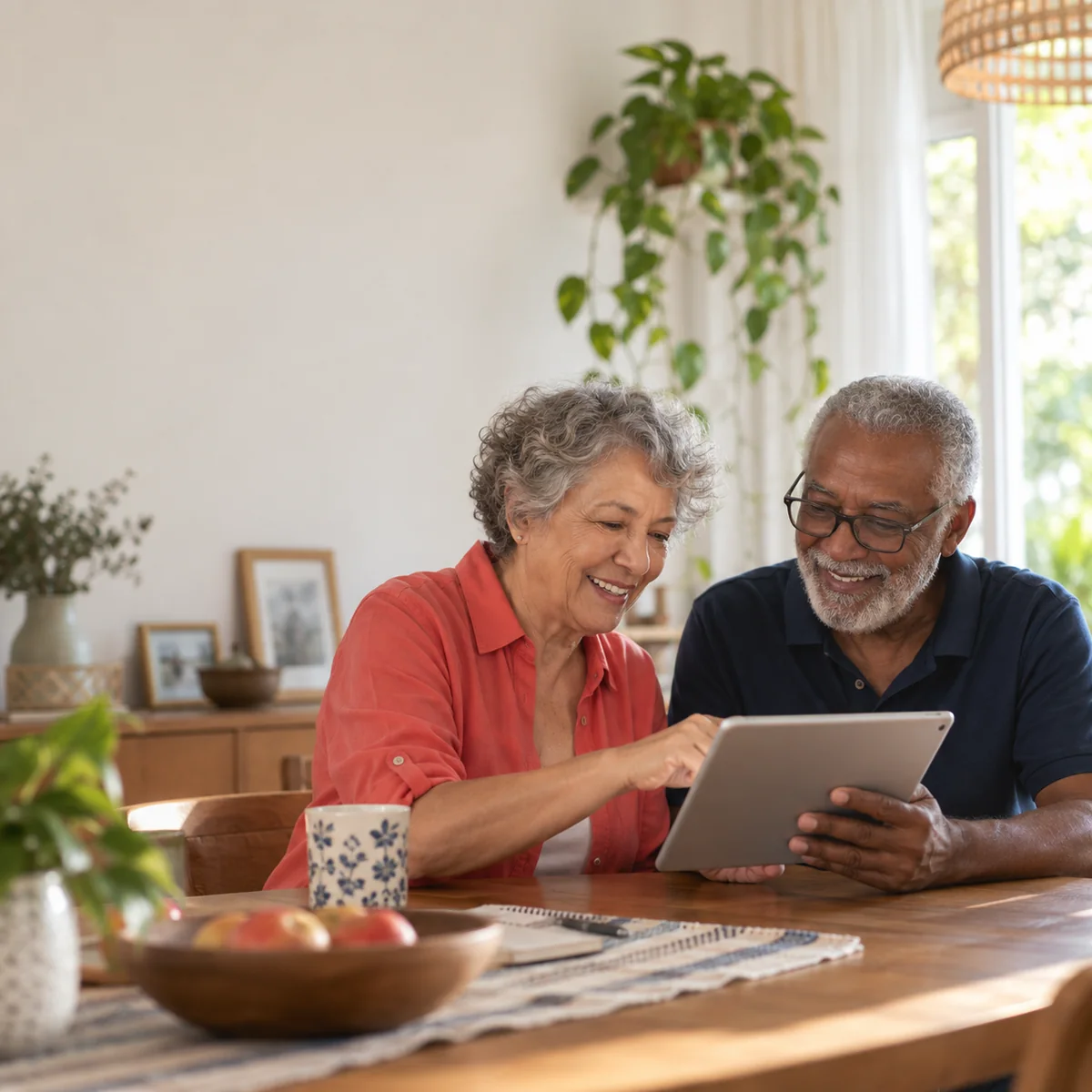 Um casal de pessoas idosas aprende a usar um tablet, lado a lado em casa.