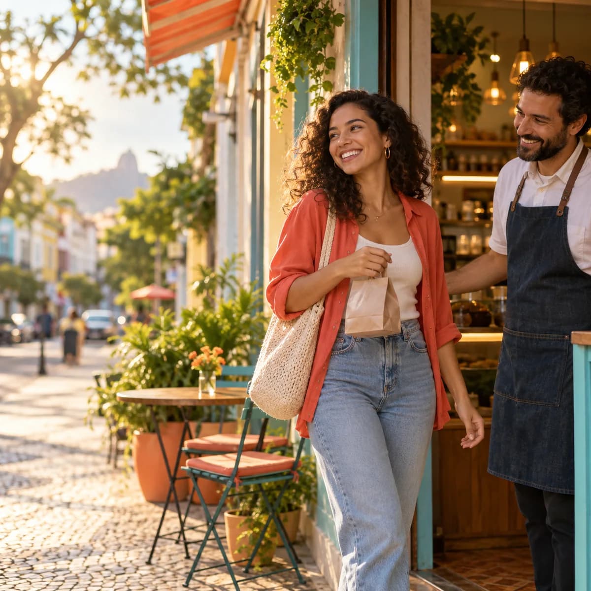Uma mulher com um café para viagem é recebida na entrada de uma cafeteria.
