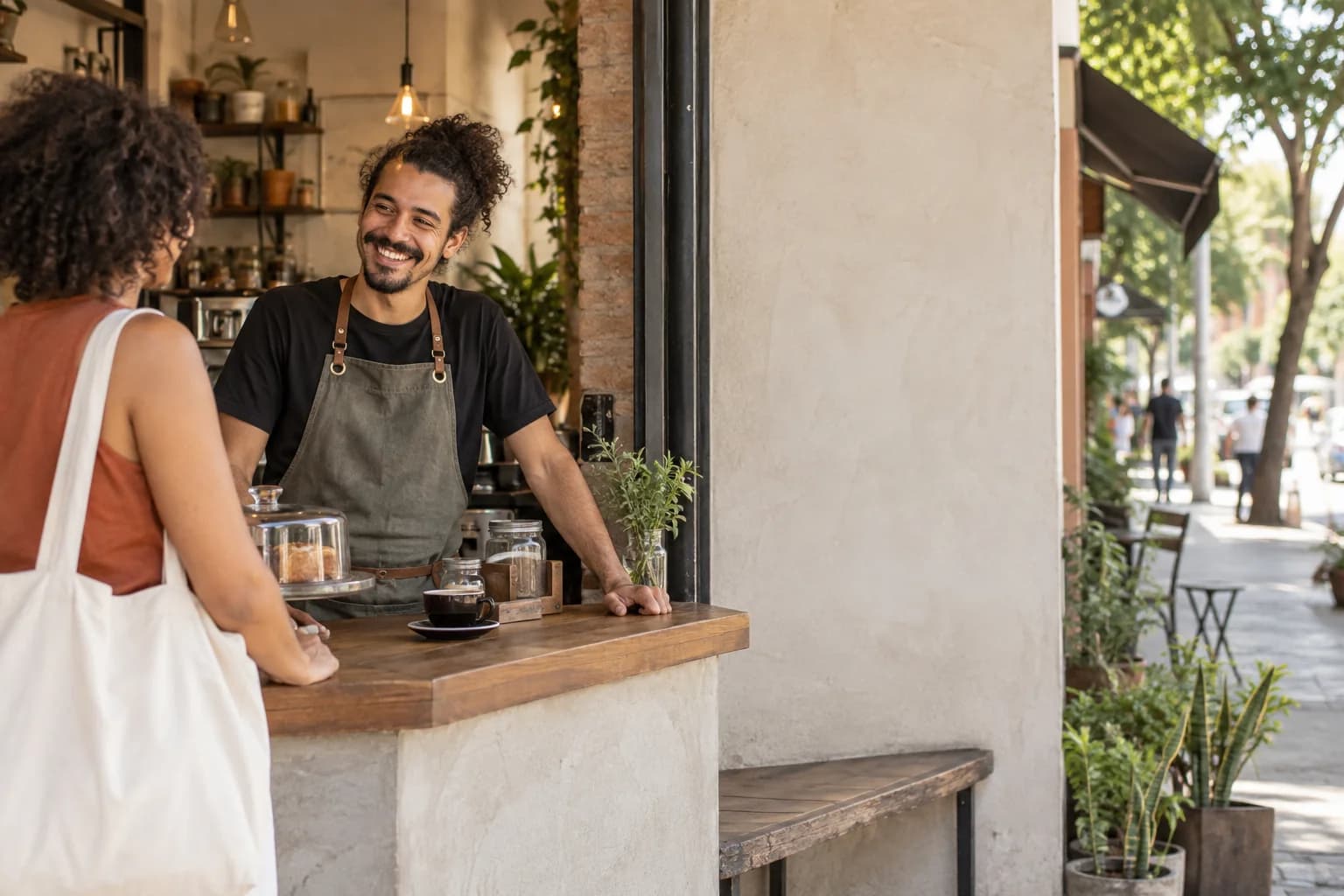 Um atendente recebe uma cliente no balcão de um café de bairro.