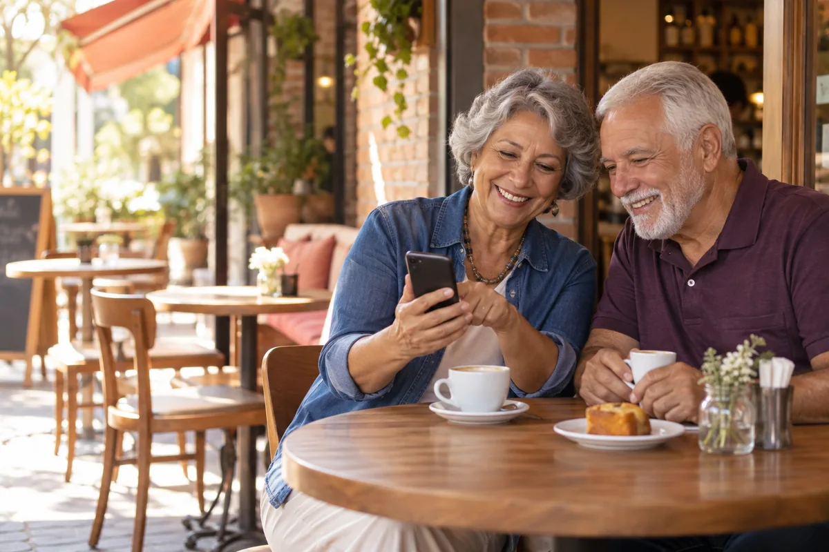 Um casal de pessoas idosas consulta o celular em uma mesa de café.