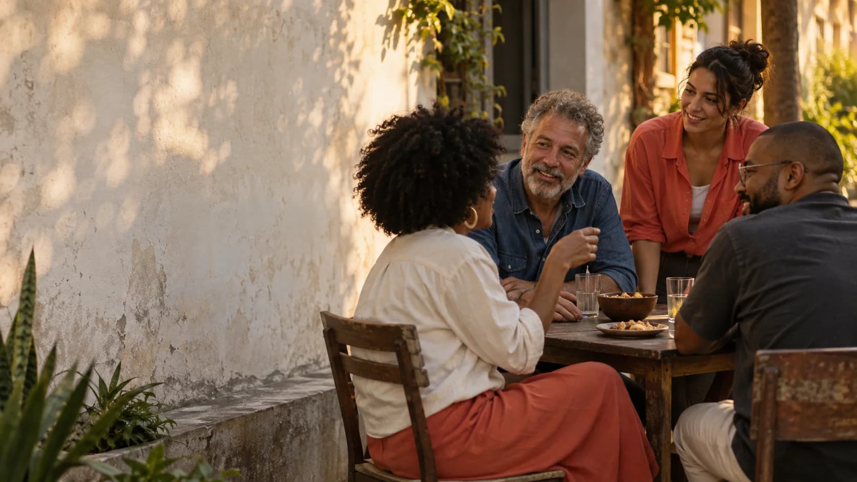 Quatro pessoas conversam à mesa em um encontro ao ar livre.