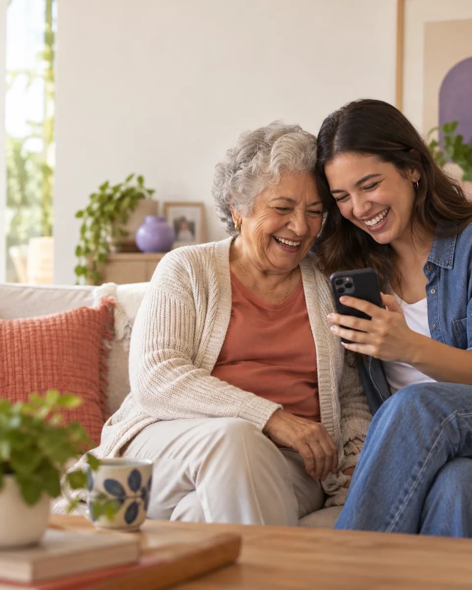 Uma mulher jovem e uma mulher idosa compartilham um momento olhando o celular.