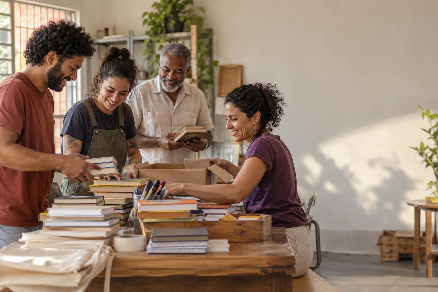 Pessoas organizam livros e materiais em uma atividade coletiva.
