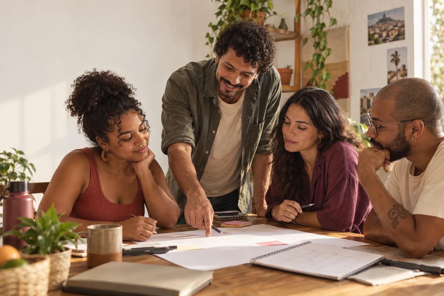 Uma equipe conversa e organiza ideias ao redor de uma mesa.