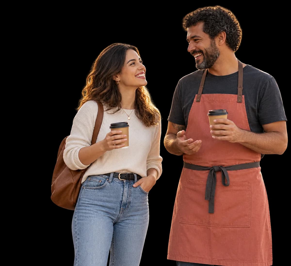 Uma cliente e um atendente conversam com um café nas mãos.